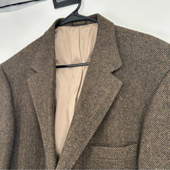 Oscar De La Renta Brown Herringbone Wool Blazer Size 43R - Picture 3 of 10